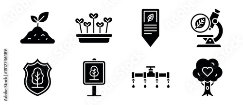 Gardening and environmental science monochrome icons set