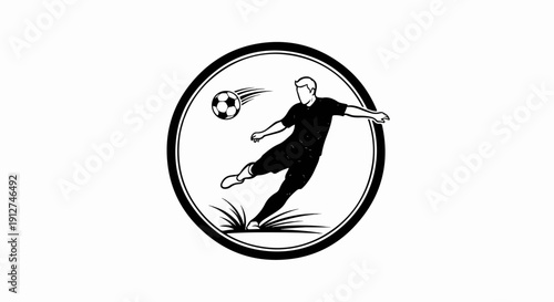 A monochrome circular graphic depicts a person playing soccer, kicking a ball