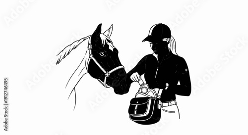 A rider in a cap adjusts a treat bag near a horse's head