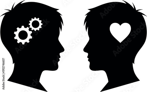 Two Human Profile Silhouettes Facing Each Other Representing Logic and Emotion With Gears and Heart Icons for Mental Health Concepts