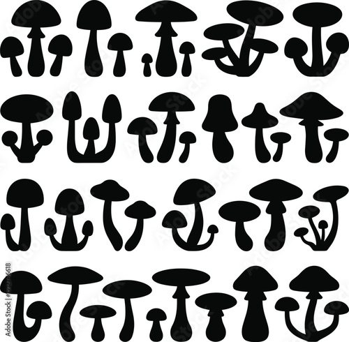 Mushroom silhouette collection with various toadstool and fungi shapes isolated on white background, black vector illustration set for nature, forest, and design use