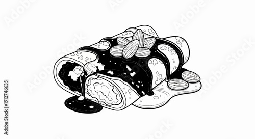 A rolled pastry with chocolate sauce and almonds