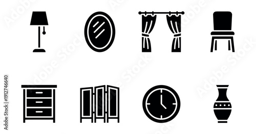 Home decor and furniture silhouette icons set