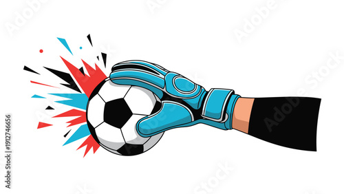 Action-packed illustration of a goalkeeper's gloved hand making a save and catching a soccer ball with a colorful burst.