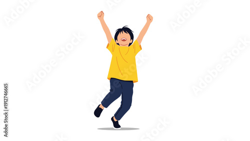 Joyful illustration of a young boy in a yellow shirt jumping high with his arms raised in a celebration of happiness.