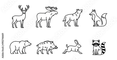 Animal black and white line drawings set