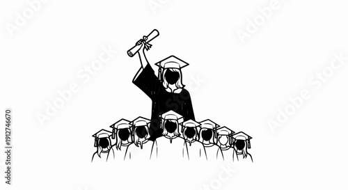 A person in graduation attire holds a diploma aloft above a crowd of graduates