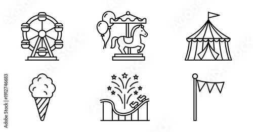 Amusement park and fair line icons set