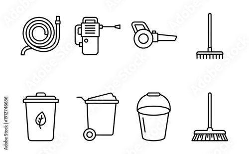 Outdoor and cleaning tools line icons set