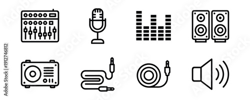 Audio equipment and sound line icons set