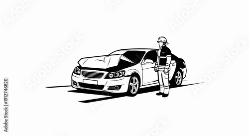 A monochrome illustration shows a damaged car and a person in firefighter gear