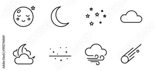 Night sky and weather line icons set
