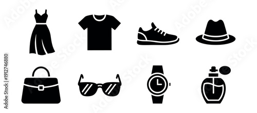 Fashion and accessory minimalist silhouette icons set