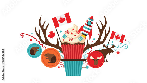 Festive Canadian celebration graphic featuring a cupcake with flags, moose, beaver, and antler icons for national pride.