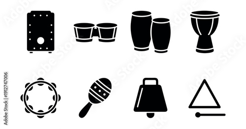 Percussion instruments silhouette icons set
