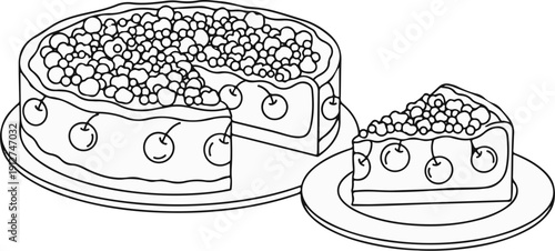 A round cake with a slice removed, topped with berries and cherries