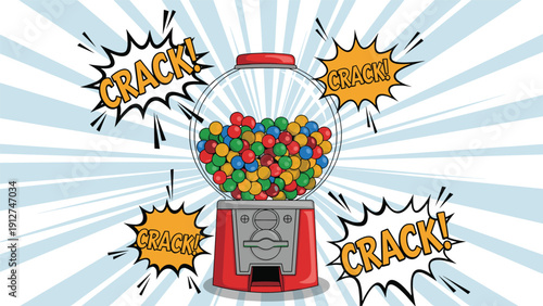Retro gumball machine filled with colorful candy balls featuring comic book style CRACK sound effect bursts.
