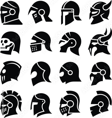 Ancient warrior helmet silhouette collection featuring Greek, Roman, Viking, and fantasy armor designs isolated on white background, black vector illustration set