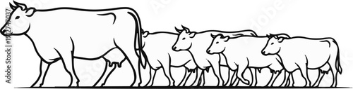 A line of cows, from large to small, walking from left to right