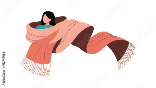 Young woman wrapped in a very long pink and brown scarf feels cozy and warm during the chilly autumn or winter season.