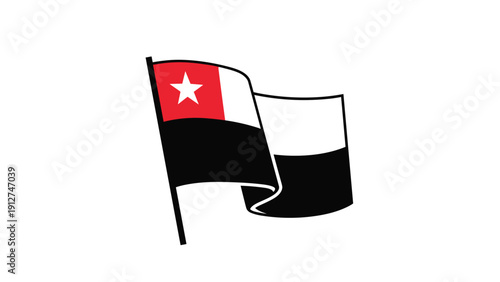Waving national flag design featuring three horizontal stripes of red black and white with a single white star.