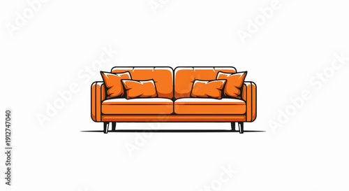 A simple, modern, orange sofa with four cushions and dark legs