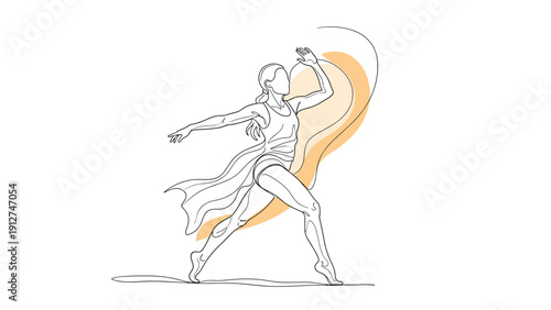 Artistic sketch of a graceful female dancer performing a contemporary routine with fluid movements and abstract orange shapes.