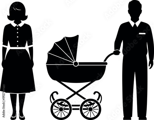 Vintage style silhouette illustration of a 1950s family with mother father and baby in a classic pram carriage vector icon