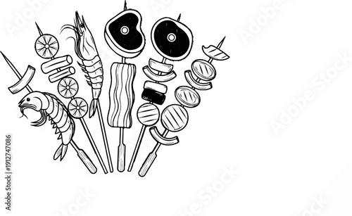 A sketchy illustration of various grilled food items on skewers
