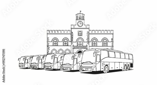 A row of buses parked in front of a grand building with a clock tower