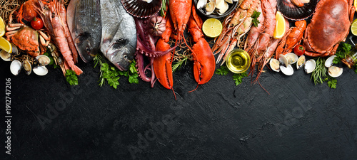 Seafood Market Banner: Fish, shellfish, crustaceans, lobster and octopus on slate black table. Free space for text or design.