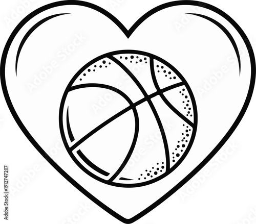 A simple outline drawing of a heart shape enclosing a basketball