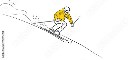 A skier in a yellow jacket with goggles and a helmet skis down a snowy slope