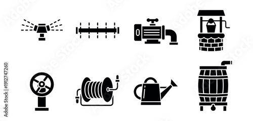 Water and irrigation systems line icons set