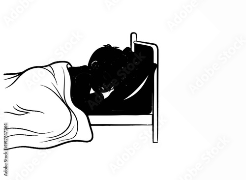 A person sleeps soundly in a bed, covered by a blanket, with their face hidden