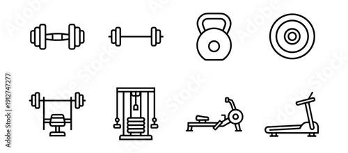 Gym equipment line icons set