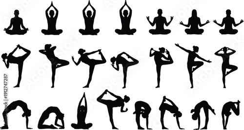 Yoga silhouette pose collection set, meditation stretching flexibility training bundle, healthy lifestyle fitness woman exercise illustration isolated black design concept