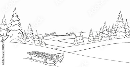 A sled rests in a snowy landscape with pine trees and rolling hills in the background