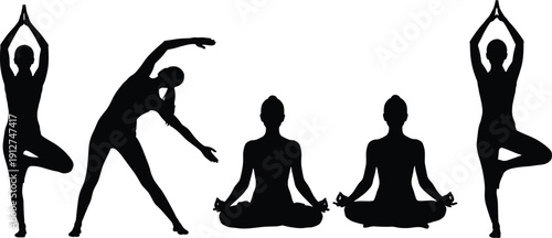 Yoga silhouette pose set, meditation stretching balance collection, healthy lifestyle fitness training woman exercise illustration isolated black design concept