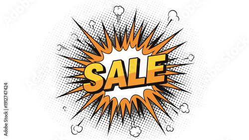 Comic book style sale explosion with a bright orange burst and dotted background to attract attention for promotional marketing.