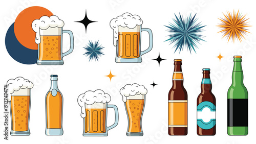 Diverse collection of beer mugs filled with foam and glass bottles of various shapes and colors for festive celebration themes.