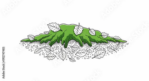 A moss-covered tree stump with leaves scattered around