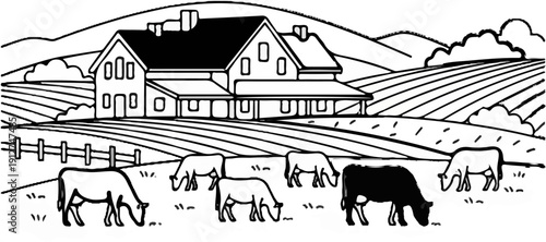 A rural scene depicts a farmhouse, fields, and grazing cattle under a cloudy sky