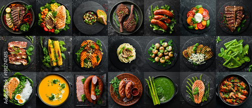 Photo collage. Popular dishes of European cuisine. Food background.