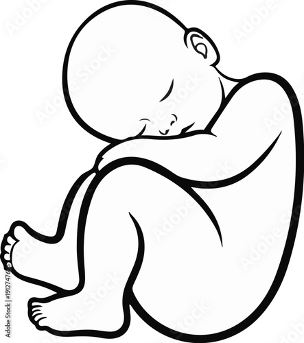 A sleeping infant curled into a fetal position, with closed eyes and relaxed body