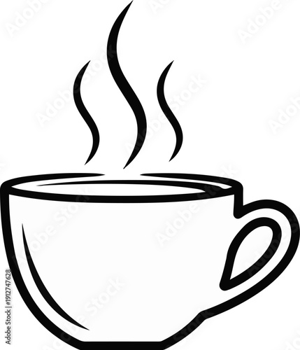 A simple black and white illustration of a steaming hot cup of coffee