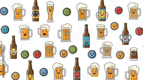 Playful seamless pattern featuring various cute cartoon beer mugs and bottles with smiling faces and expressive eyes on white.