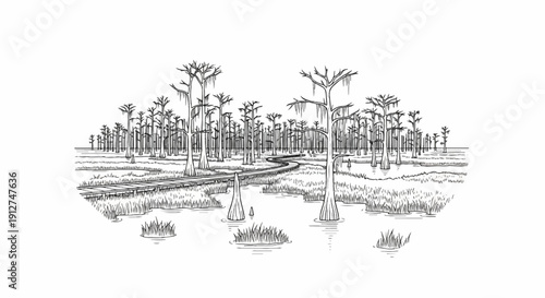 A linear sketch depicts a serene swamp scene with cypress trees and a wooden boardwalk