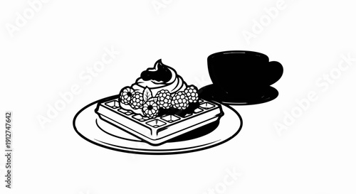 A simple black and white illustration of a waffle with cream and berries, and a cup of coffee