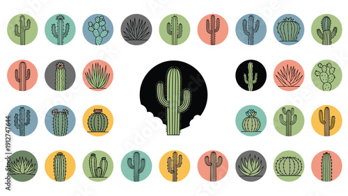Large collection of colorful circular icons featuring different types of cacti and succulent plants in a minimalist flat style.